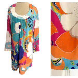 Trina Turk Shift Silk Short Dress 4 Womens Preppy Colorful Stretch Scoop Party